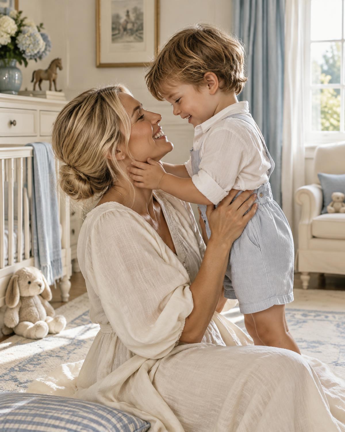 Madre rubia compartiendo un momento alegre con su hijo